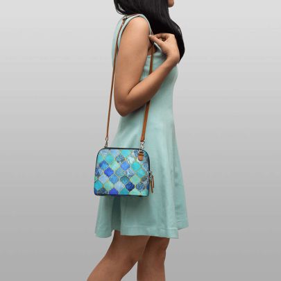 Aqua Blue Gold Moroccan - Trapeze Crossbody Bag