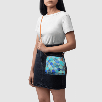 Aqua Blue Gold Moroccan - Trapeze Crossbody Bag