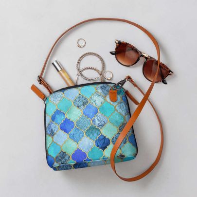 Aqua Blue Gold Moroccan - Trapeze Crossbody Bag