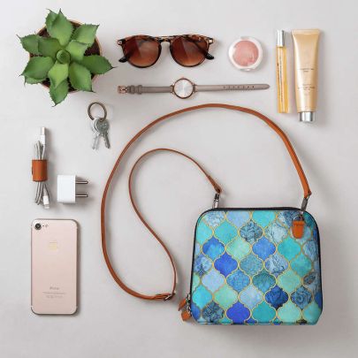 Aqua Blue Gold Moroccan - Trapeze Crossbody Bag