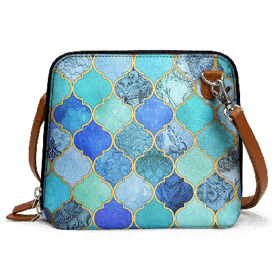 Aqua Blue Gold Moroccan - Trapeze Crossbody Bag