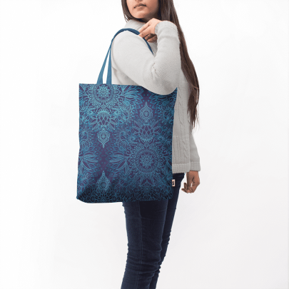 Aqua Cobalt Blue Doodle Pattern Basic Tote Bag