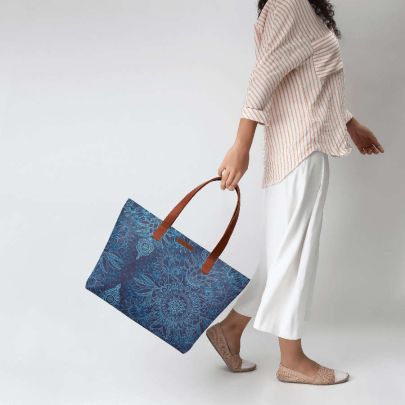 Aqua Cobalt Blue Doodle Pattern Fatty Tote Bag