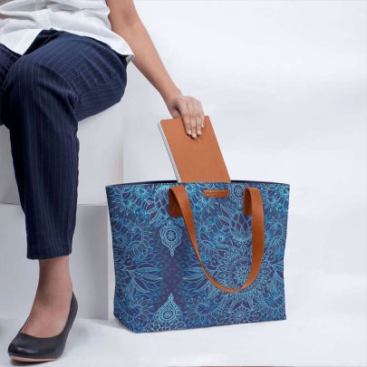 Aqua Cobalt Blue Doodle Pattern Fatty Tote Bag