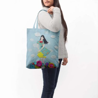 Girl In Flowerland Basic Tote Bag