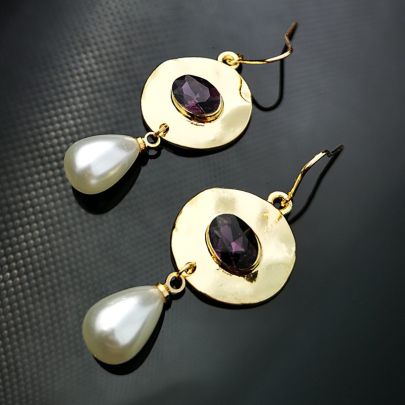 Pearl Purple Stone Disc Pendant Earring