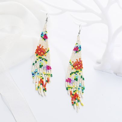 White Ethnic Boho Tassel Drop Earring