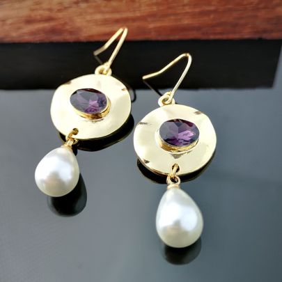 Pearl Purple Stone Disc Pendant Earring