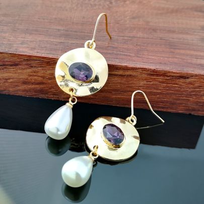 Pearl Purple Stone Disc Pendant Earring
